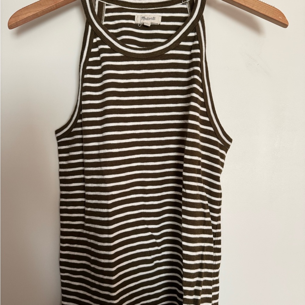 Madewell Olive Green and White Striped Ribbed Tank Top